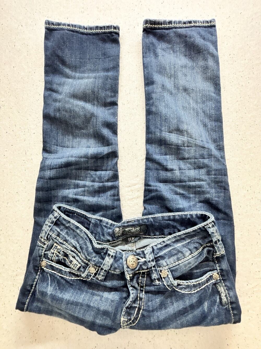 Silver Jeans Co Suki Womens W26 Mid Rise Skinny Thick Stitch Distressed Pocket